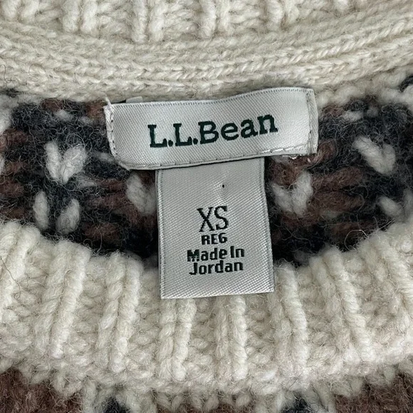 L.L. Bean 100% Lambswool Fair Isle Sweater XS Nordic Yoke Cream Brown - Picture 2 of 6